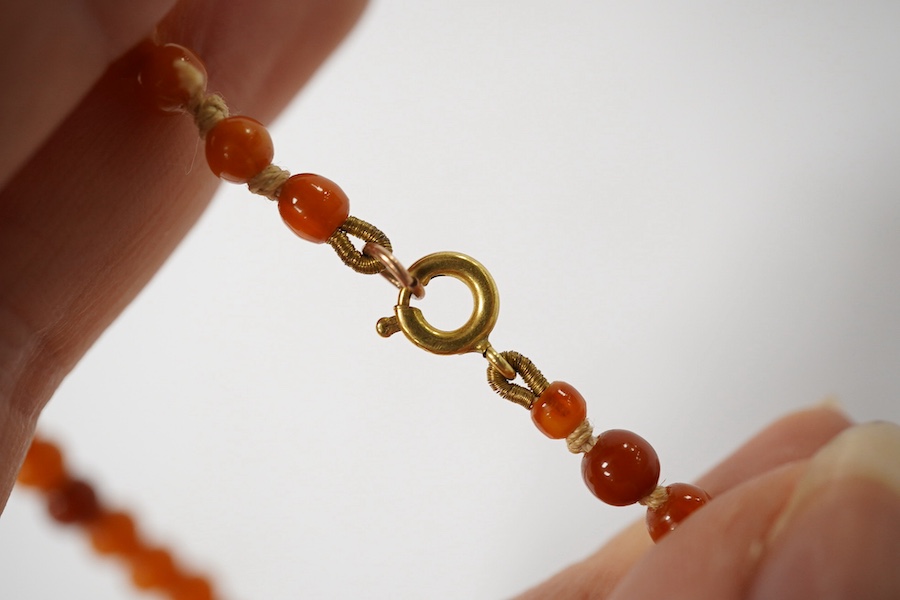 An amber bead necklace, composed of graduated amber beads measuring approximately 15.7-3.6mm, length 58cm, gross weight 23 grams. Condition: overall good, some minor crazing, some minor wear, commensurate with age